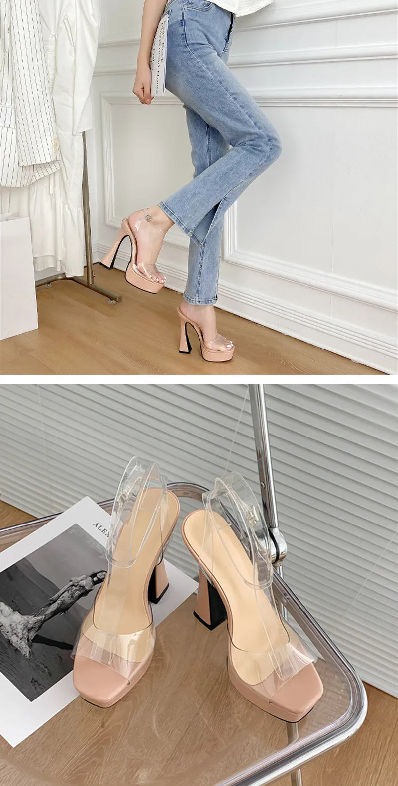 Transparent Ankle Strap Nightclub Pumps