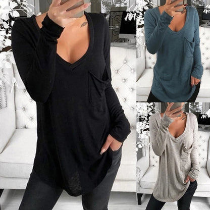 Sexy Women T-shirts Solid Color cotton Deep V neck Long Sleeve