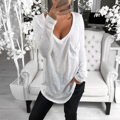 Sexy Women T-shirts Solid Color cotton Deep V neck Long Sleeve