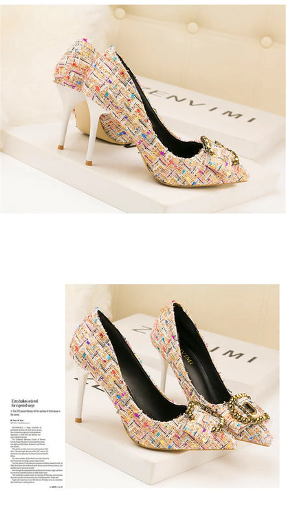 Mixed Colors Woolen Women Pumps New Elegant Crystal Metal Buckle