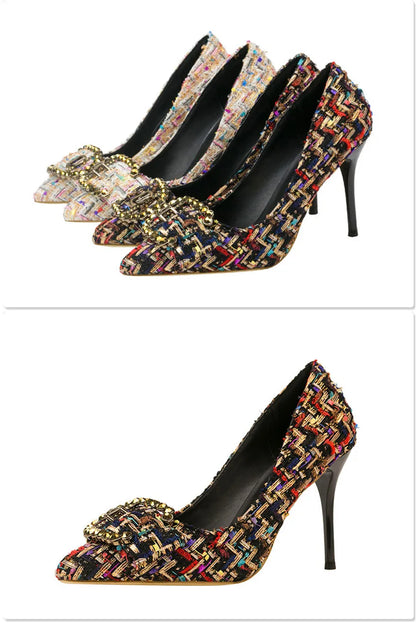 Mixed Colors Woolen Women Pumps New Elegant Crystal Metal Buckle