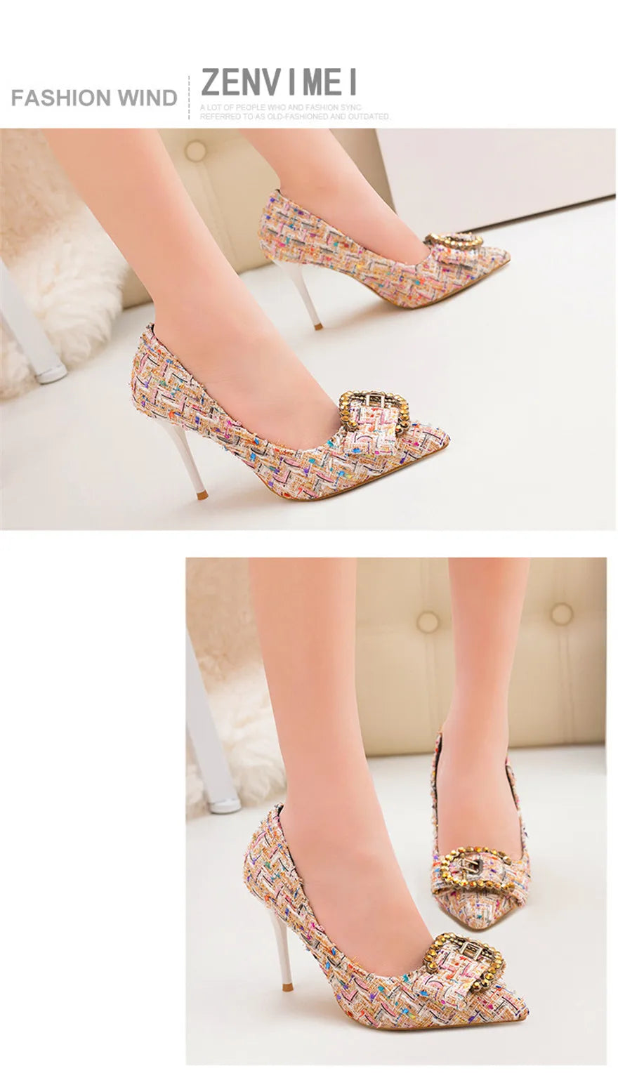 Mixed Colors Woolen Women Pumps New Elegant Crystal Metal Buckle