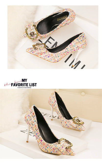 Mixed Colors Woolen Women Pumps New Elegant Crystal Metal Buckle