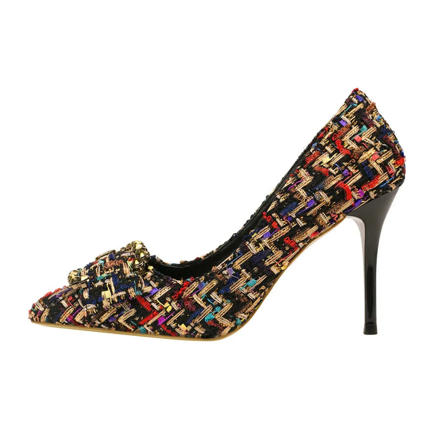 Mixed Colors Woolen Women Pumps New Elegant Crystal Metal Buckle