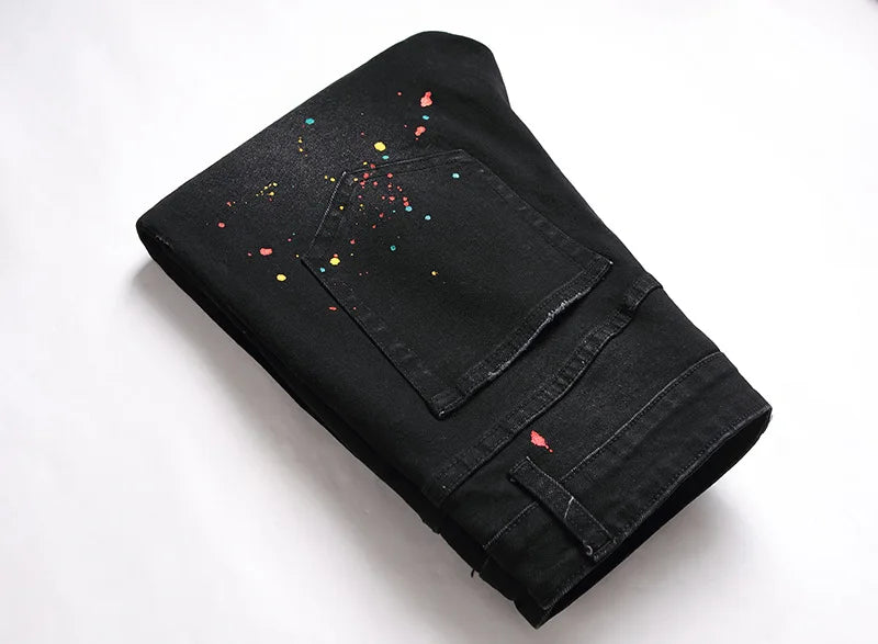 Casual Black Jeans Paint Slim Straight