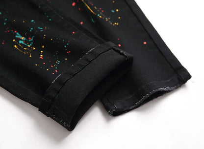 Casual Black Jeans Paint Slim Straight