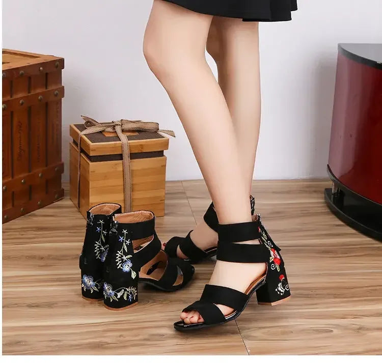 Embroidered Mid-heel Sandals