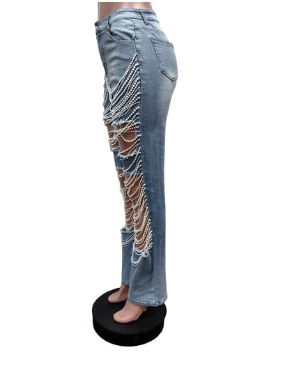 Pearls Rhinestone Solid Color High Waist Ripped Denim