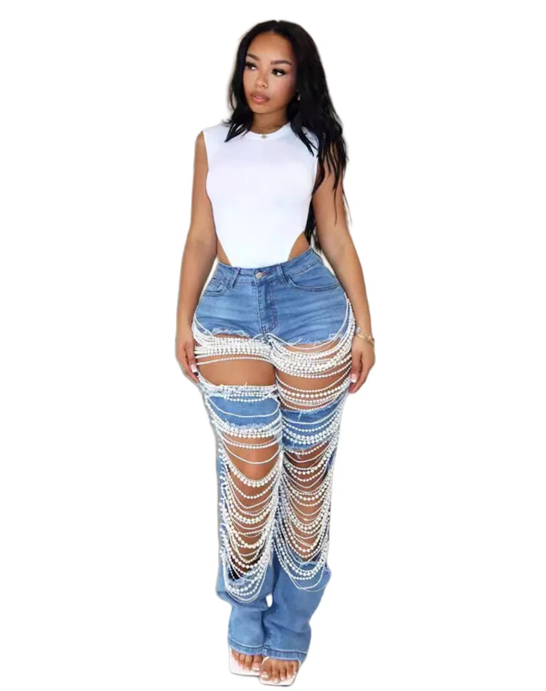 Pearls Rhinestone Solid Color High Waist Ripped Denim