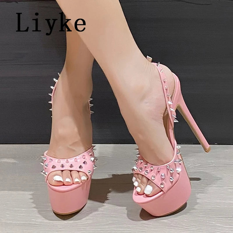 Metal Rivet Open Toe Pink High Heels Platform