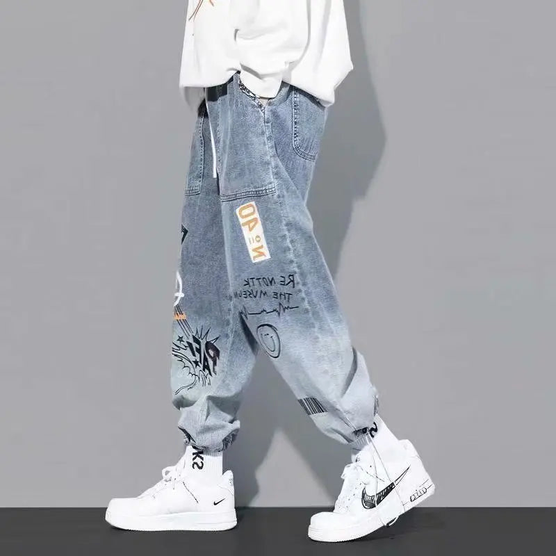 Print Jeans Loose Cartoon Graffiti Drawstring Trousers Hip Hop Trend Casual Streetwear Jogging Pants