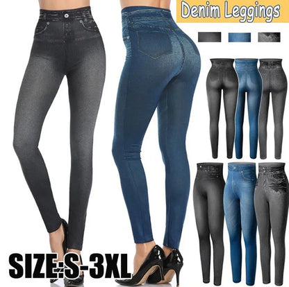 Vintage Elastic Imitation Denim Leggings High Waist Slim Fit Hip Leggings Women&