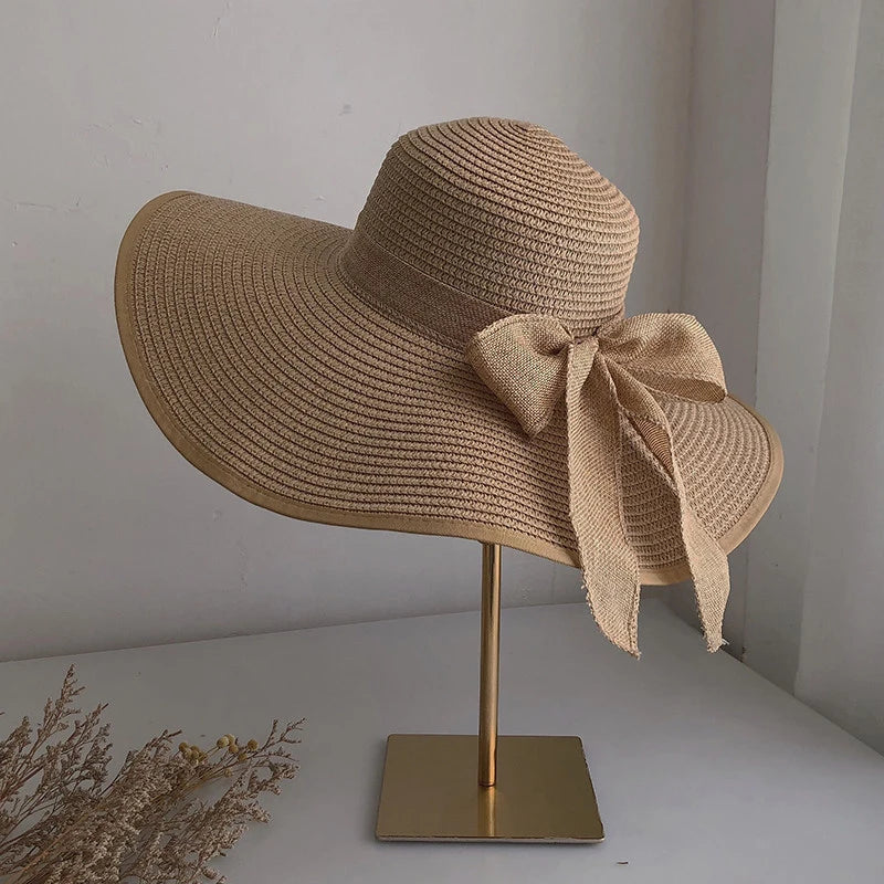 Summer Women Straw Hat Bowknot Wide Brim