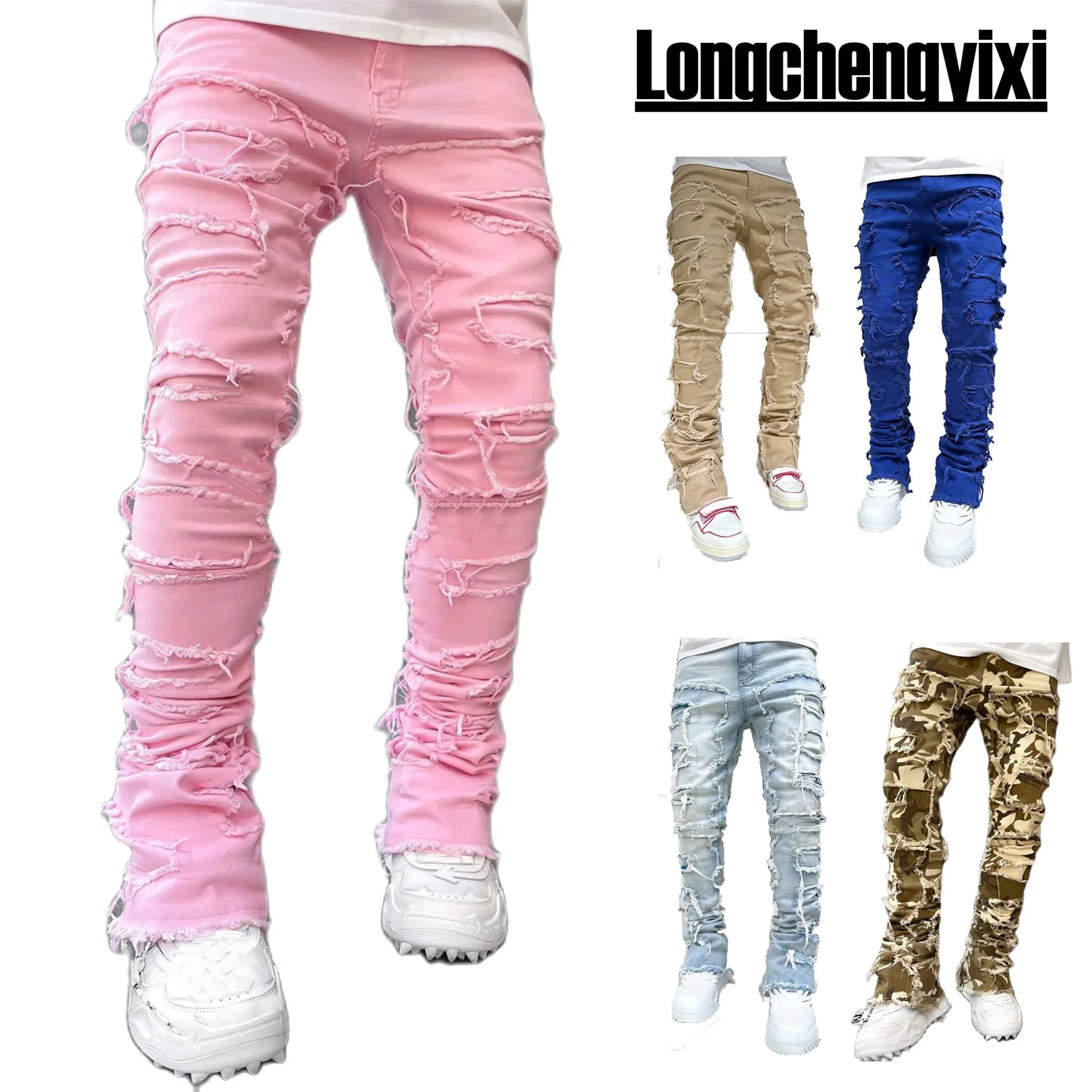 Ripped Slim Fit Patch Distressed Destroyed Straight Denim Pants