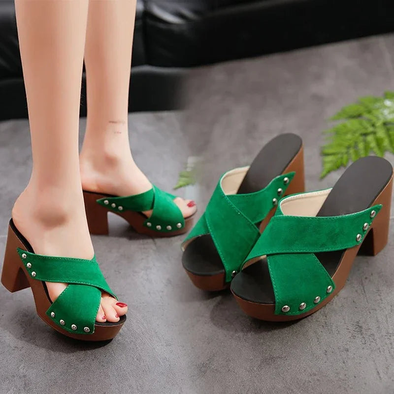 Platform Flock Casual Rivet Pumps