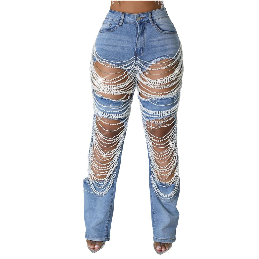 Pearls Rhinestone Solid Color High Waist Ripped Denim