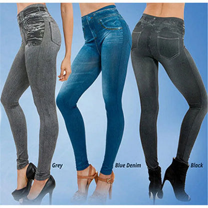 Vintage Elastic Imitation Denim Leggings High Waist Slim Fit Hip Leggings Women&