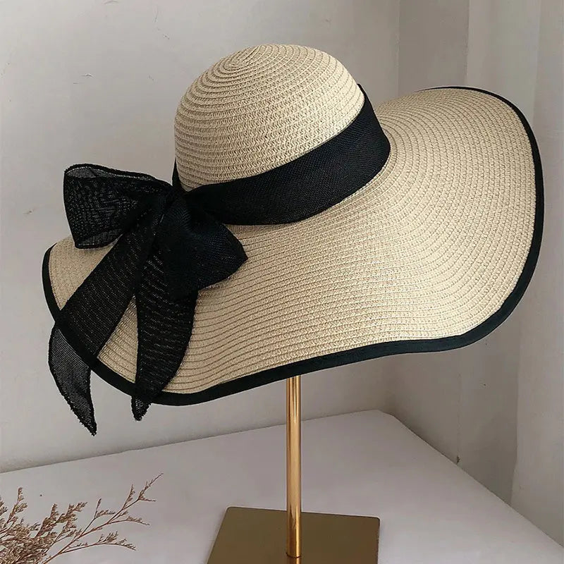 Summer Women Straw Hat Bowknot Wide Brim