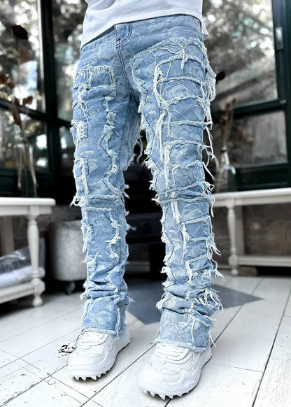 Ripped Slim Fit Patch Distressed Destroyed Straight Denim Pants