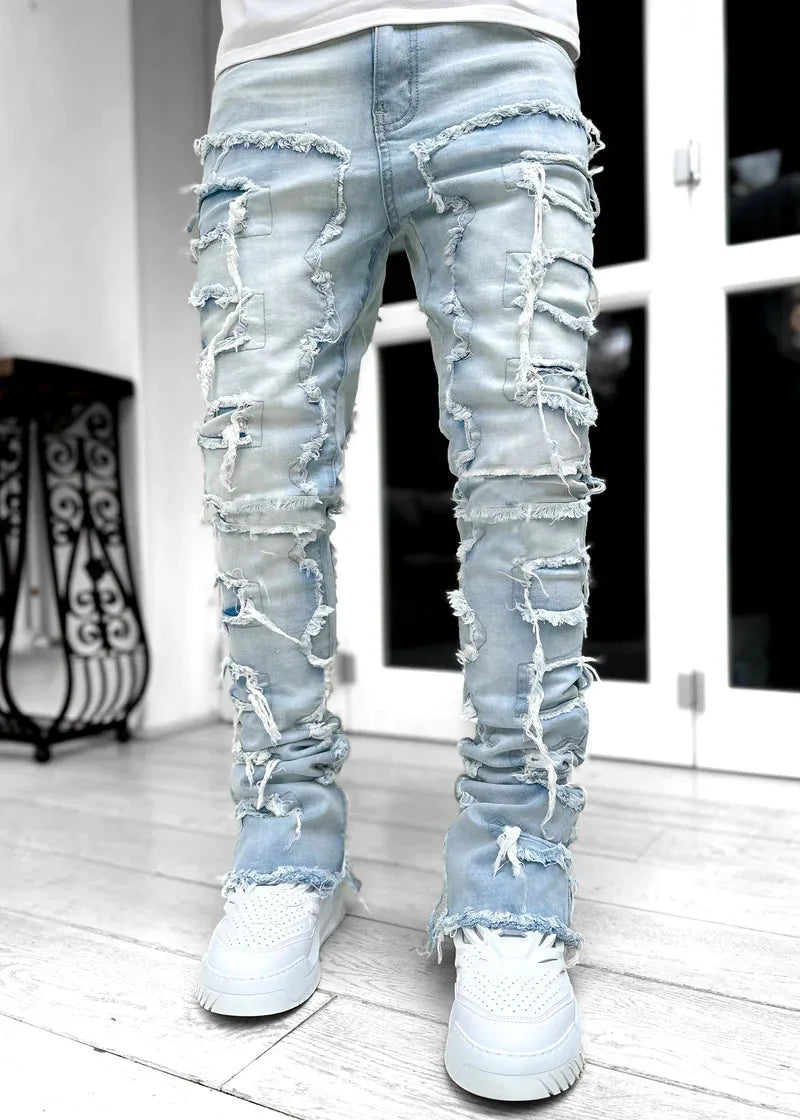 Ripped Slim Fit Patch Distressed Destroyed Straight Denim Pants