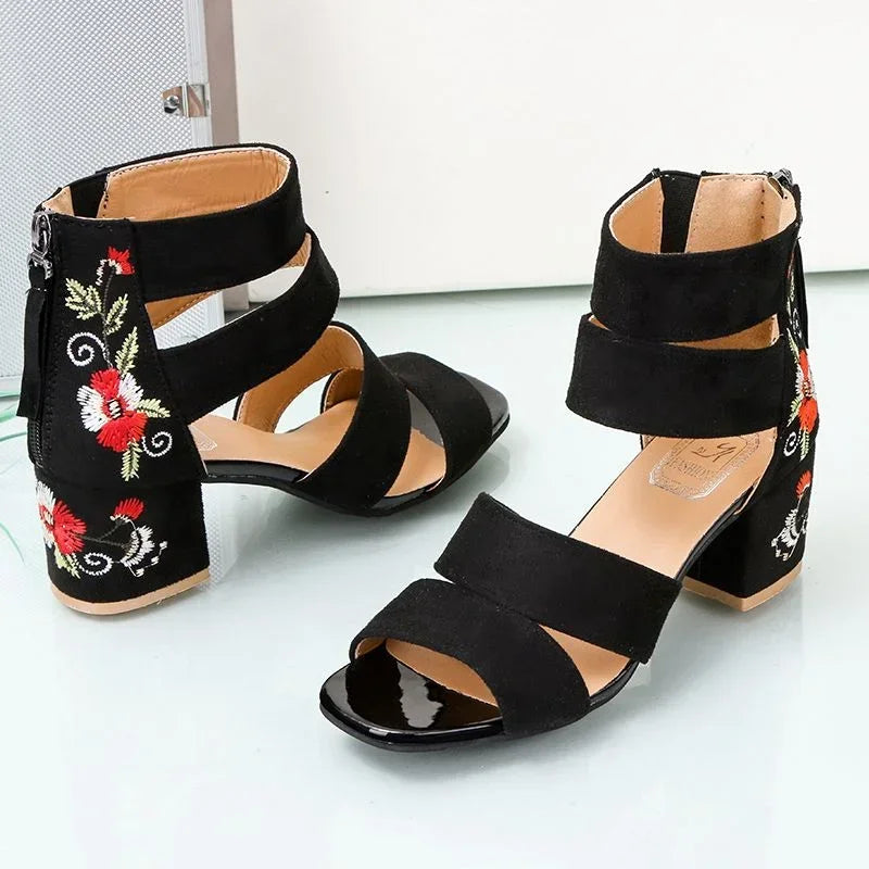 Embroidered Mid-heel Sandals