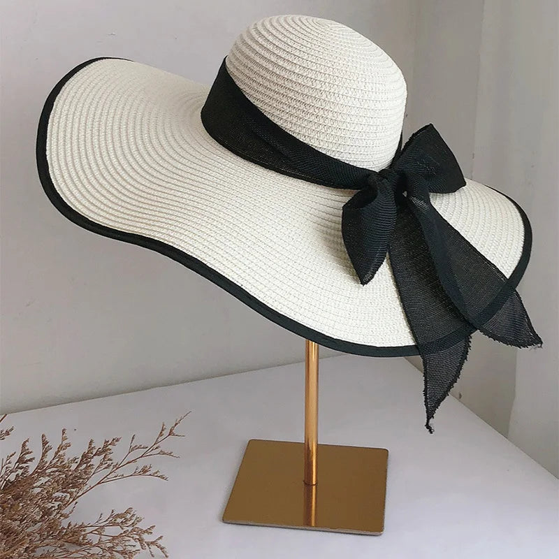 Summer Women Straw Hat Bowknot Wide Brim