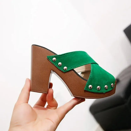 Platform Flock Casual Rivet Pumps