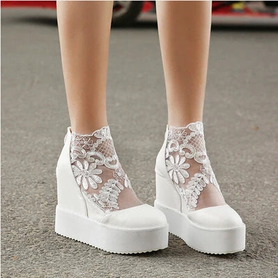 Lace Shoes Wedge Heels Platform Pumps