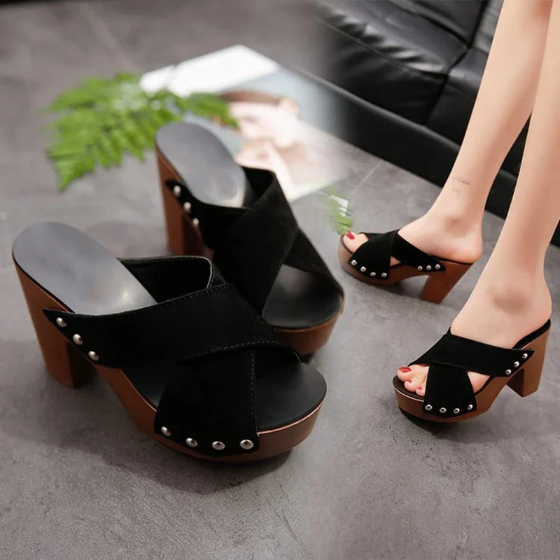 Platform Flock Casual Rivet Pumps