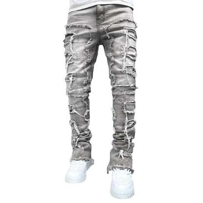 Ripped Slim Fit Patch Distressed Destroyed Straight Denim Pants