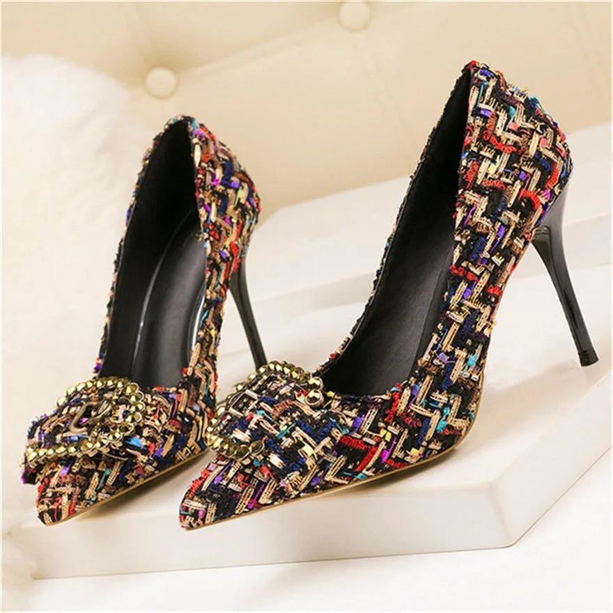 Mixed Colors Woolen Women Pumps New Elegant Crystal Metal Buckle