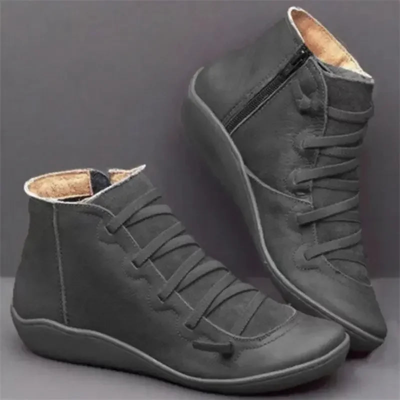 *Round Toe Flat Zipper Ankle Boots Women PU Leather