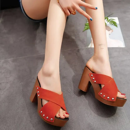 Platform Flock Casual Rivet Pumps