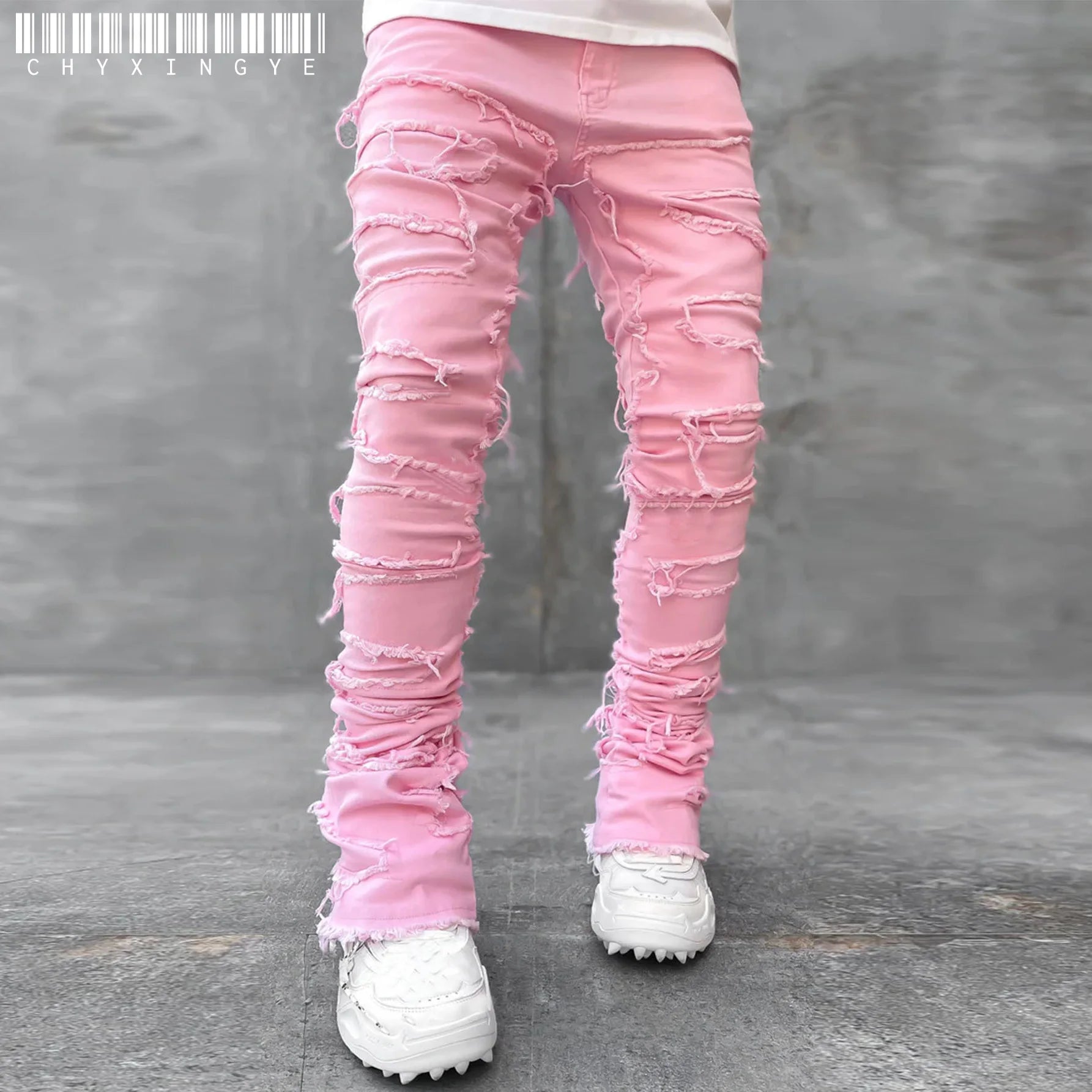 Ripped Slim Fit Patch Distressed Destroyed Straight Denim Pants