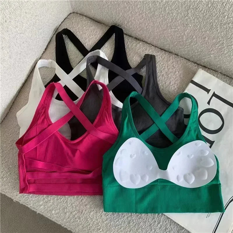 Summer Fashion Sexy Crop Top Women Bra Hollowed Back Cross Strap Yoga Sports Bra Breathable Underwear Female Fitness Vest