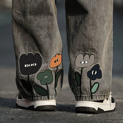 Mens Flower Printed Baggy Jeans