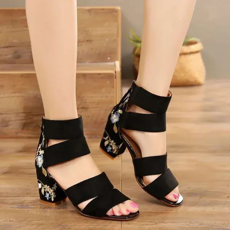 Embroidered Mid-heel Sandals