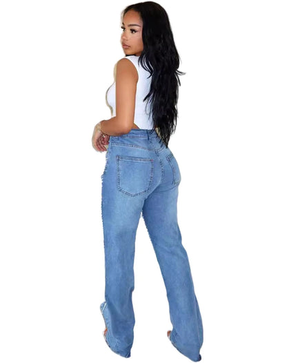 Pearls Rhinestone Solid Color High Waist Ripped Denim