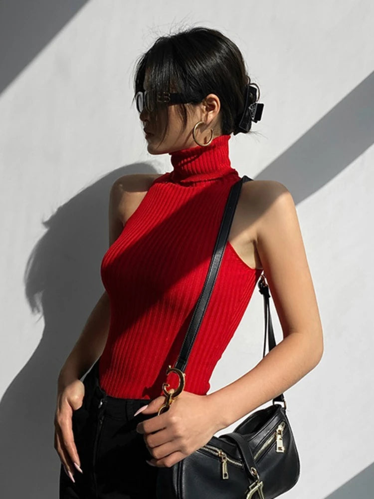 Turtleneck Casual Tee Female Sleeveless Cropped Vest