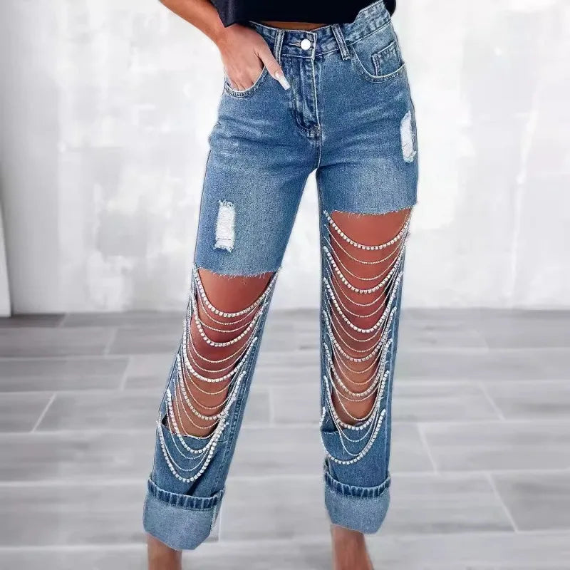 Chain Straight Jeans, High Waist, Loose Denim Long Pants