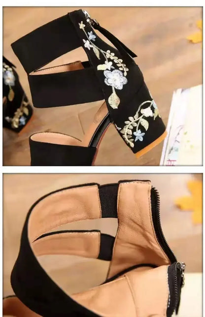 Embroidered Mid-heel Sandals