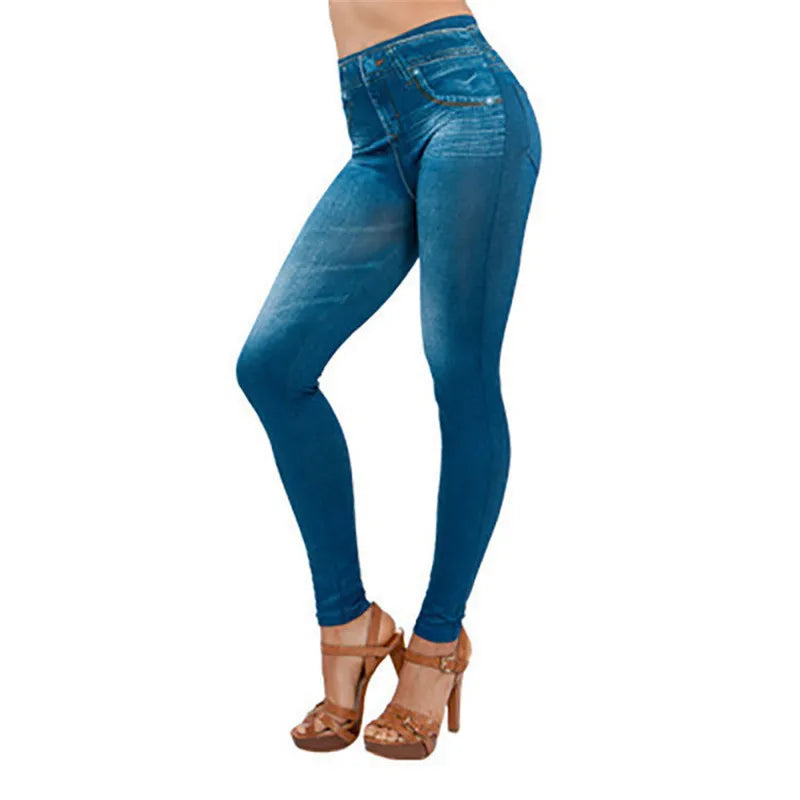 Vintage Elastic Imitation Denim Leggings High Waist Slim Fit Hip Leggings Women&