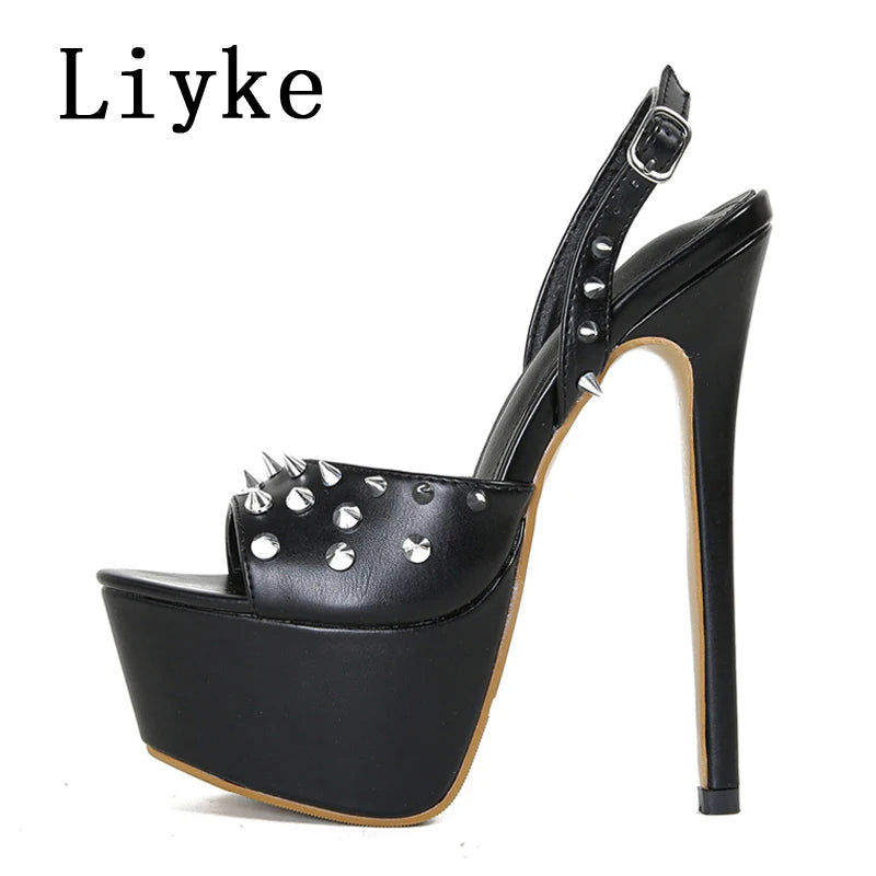 Metal Rivet Open Toe Pink High Heels Platform