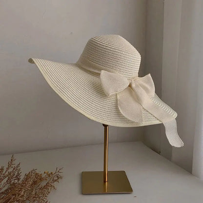 Summer Women Straw Hat Bowknot Wide Brim