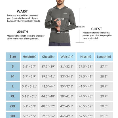 Mens UPF50+ Performance T-Shirt Hoodie Long Sleeve Casual Sun Protection