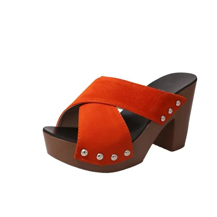 Platform Flock Casual Rivet Pumps