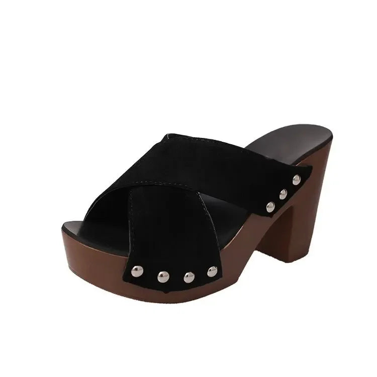 Platform Flock Casual Rivet Pumps