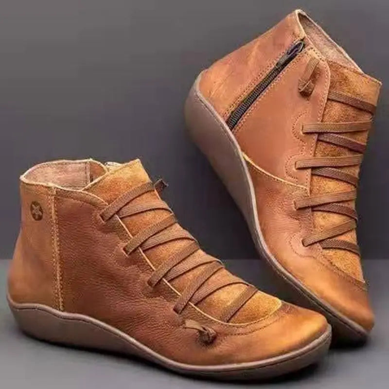 *Round Toe Flat Zipper Ankle Boots Women PU Leather