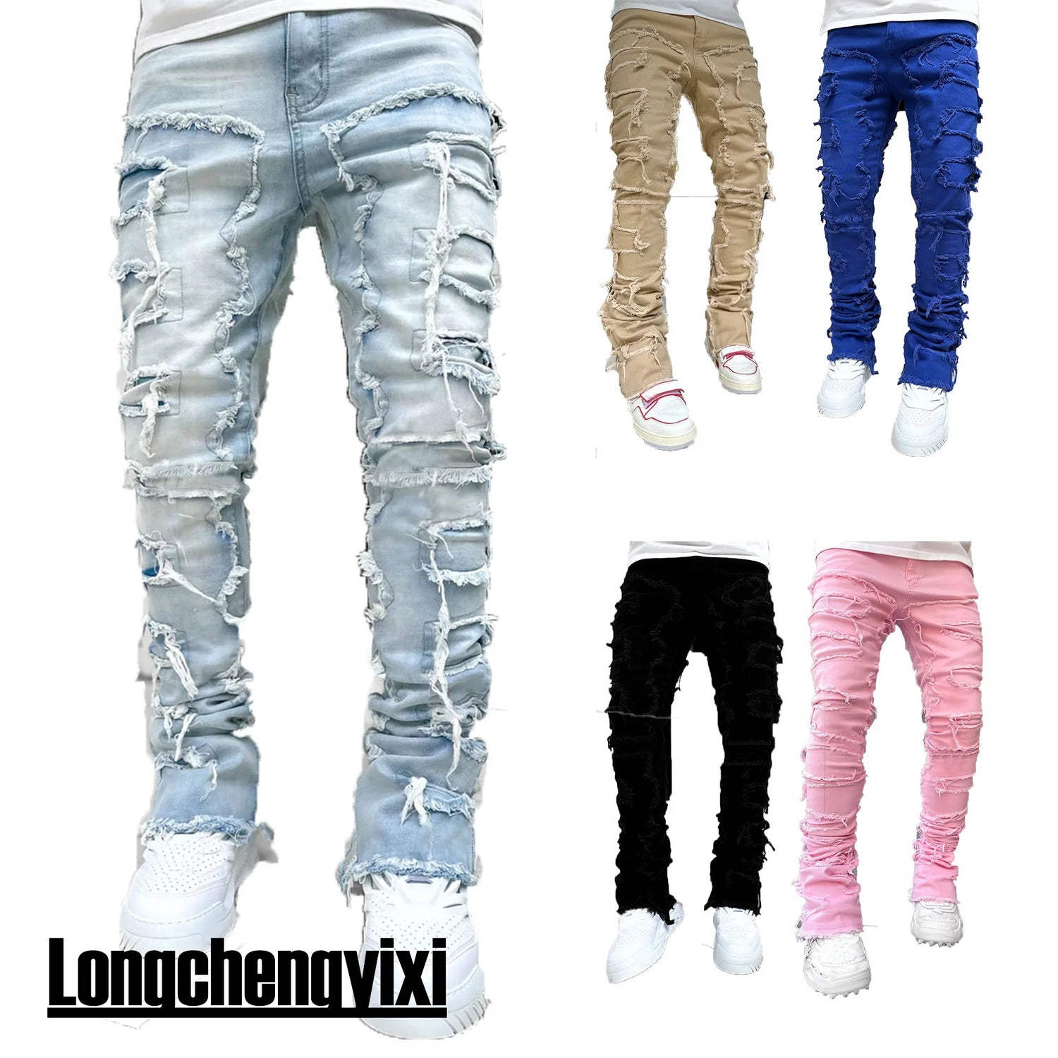 Ripped Slim Fit Patch Distressed Destroyed Straight Denim Pants