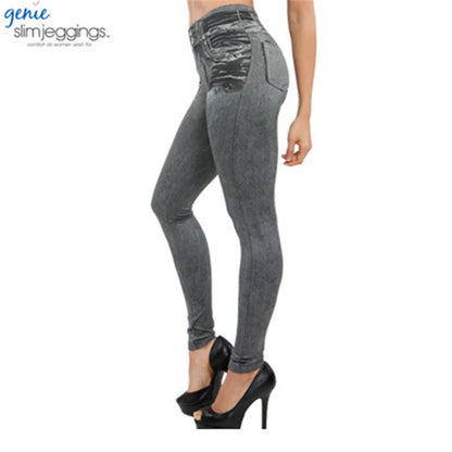 Vintage Elastic Imitation Denim Leggings High Waist Slim Fit Hip Leggings Women&